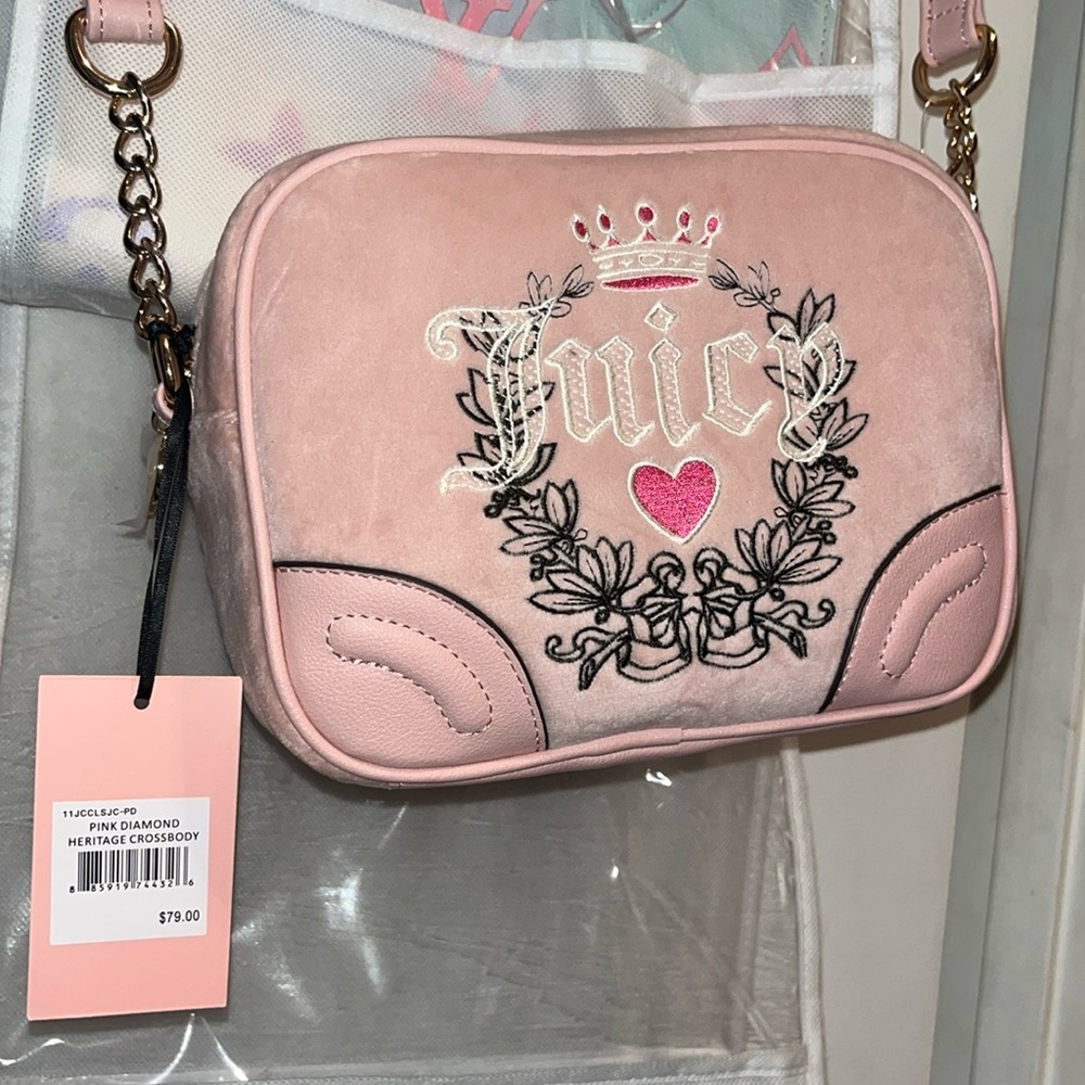 Juicy Couture Heritage Crossbody Velour Shoulder Bag Baby Pink New